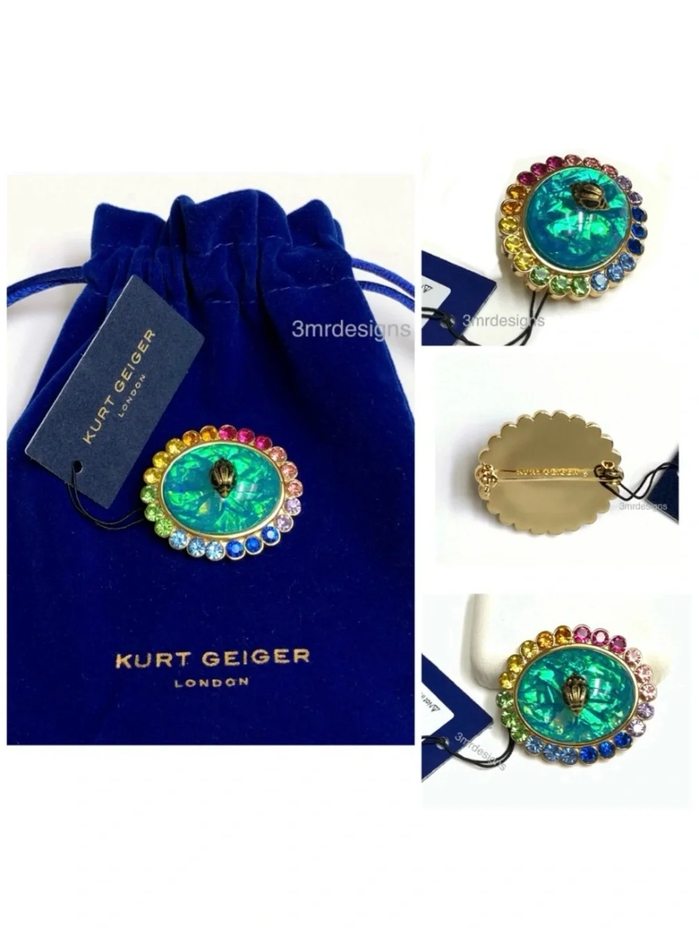 NWT KURT GEIGER Eagle-crowned Faux Opal Stone/Glass Stones Gold Tone Brooch/Pin